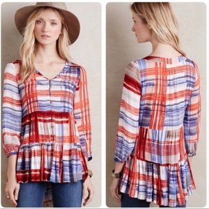 ANTHROPOLOGIE Maeve Lila Tiered Plaid Tunic Blouse Size Extra Small